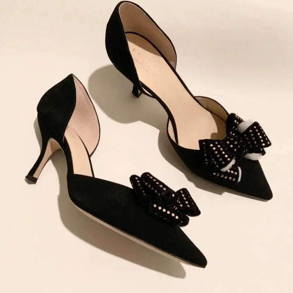KATE SPADE Sterling Studded Bow Pointed Toe Pumps D’Orsay Black Dress Shoes 9 - Picture 4 of 11